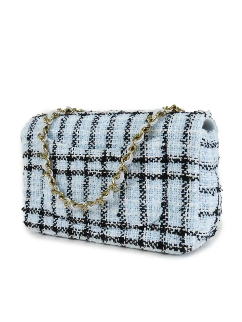 Chanel Mini Quilted Blue Black Gold Tweed Leather Chain Shoulder Bag 20